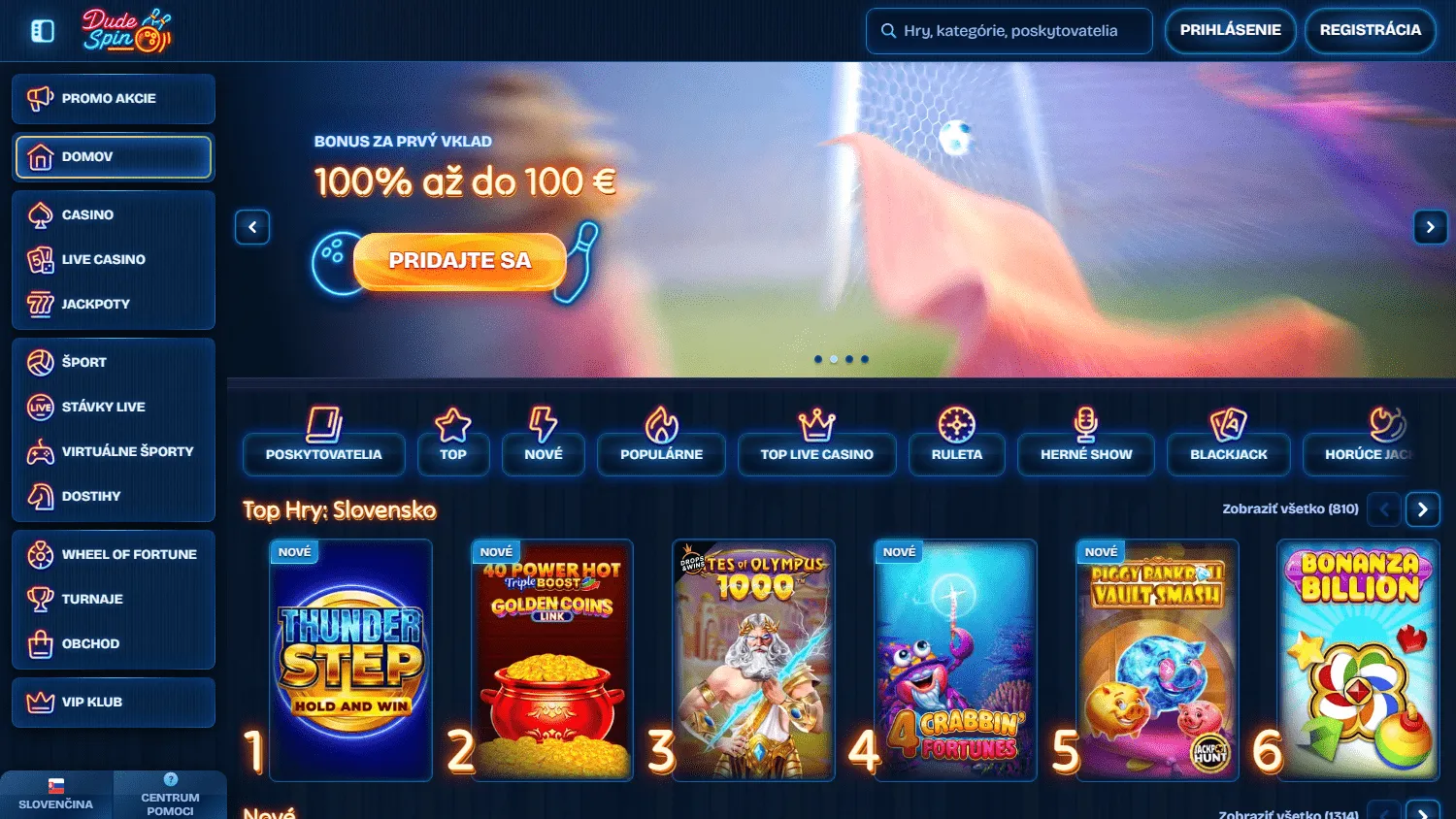 Dudespin Casino desktop homepage with casino and account options