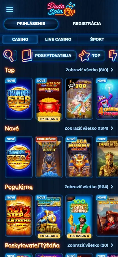 Dudespin Casino mobile games area with casino categories