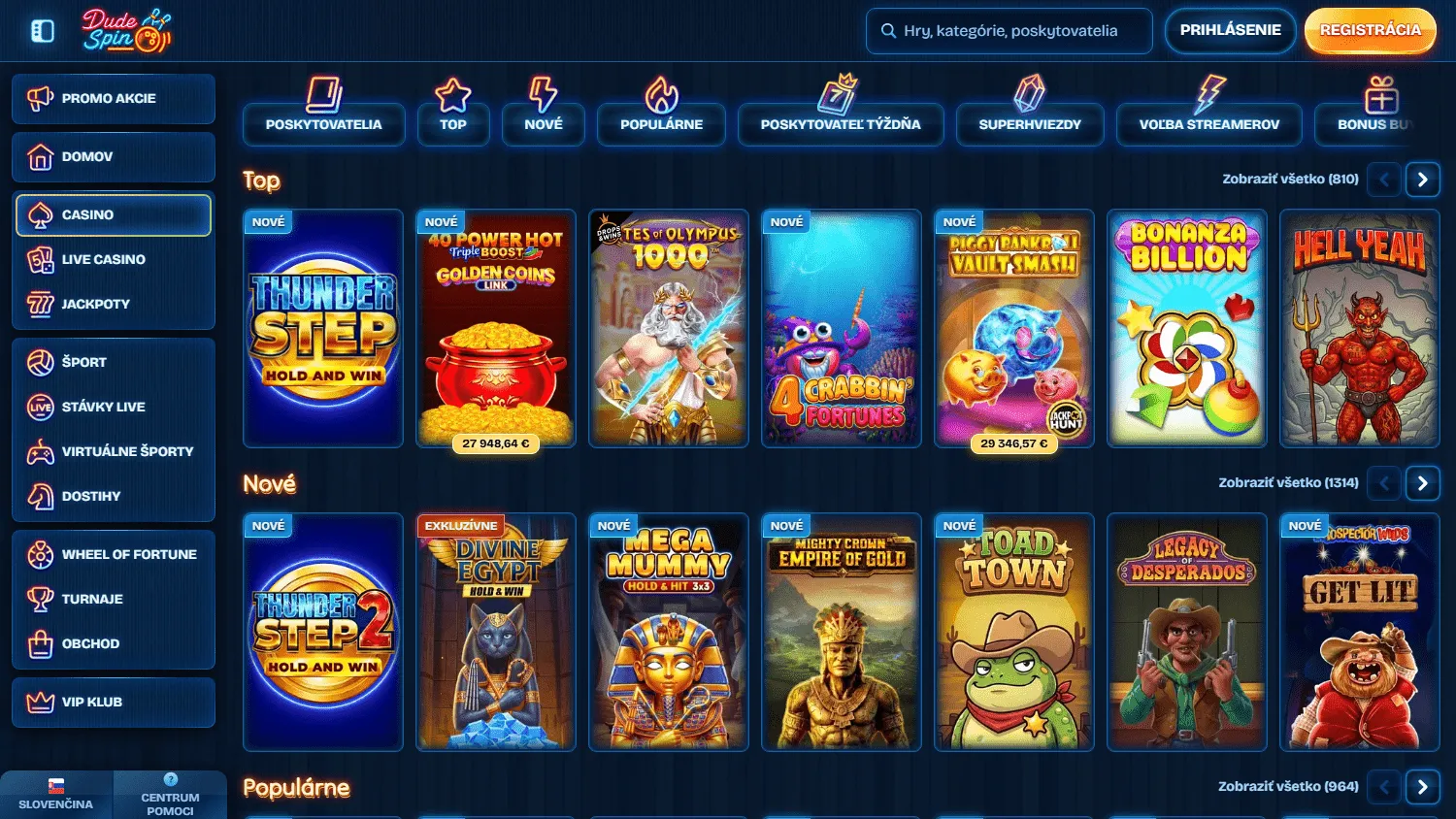 Dudespin Casino desktop games area with slots and casino categories
